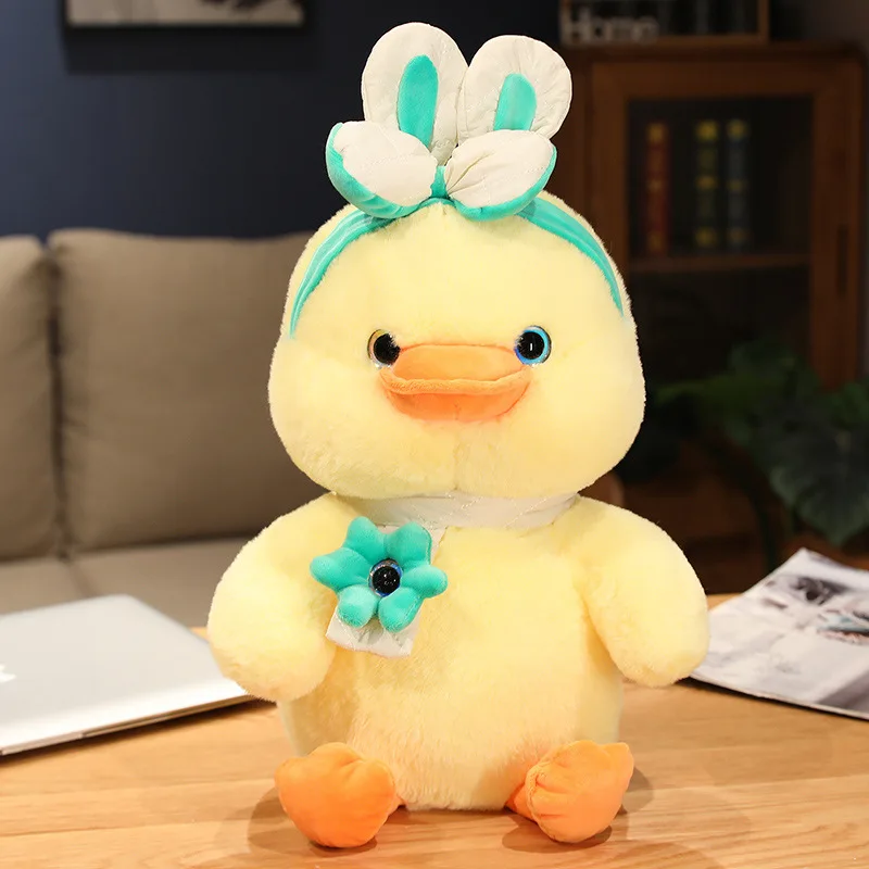 AIFEI TOY Kawaii Bright Lovely Soft Kindergarten Plush Duck Rabbit Baby Toy with chest flowers scarf and Rabbit Headband
