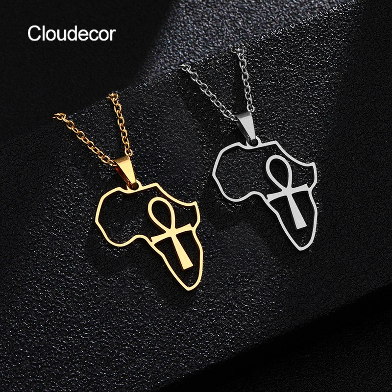 Gold Plated Jewelry Africa Shape Necklace Men Women Trendy Chain Outline Necklace  Stainless Steel Cross Necklace Pendant