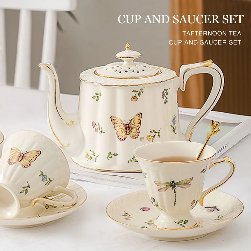 Best Selling Ceramic Natural Style Insect Pattern Pastoral Style Coffee Tea Cup and Saucer Set