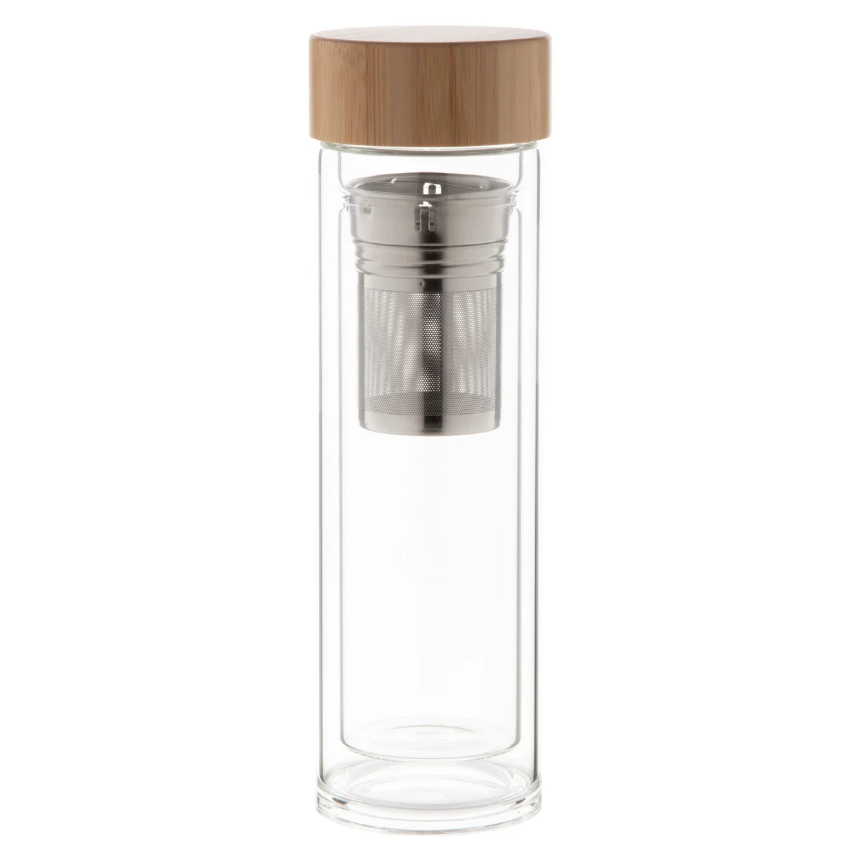 420 Ml Double-Wall Borosilicate Glass Thermo Bottle With Tea Infuser And Bamboo Lid