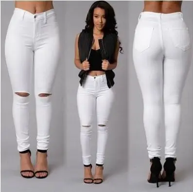 Women Thin high waist elastic white yellow pencil jeans