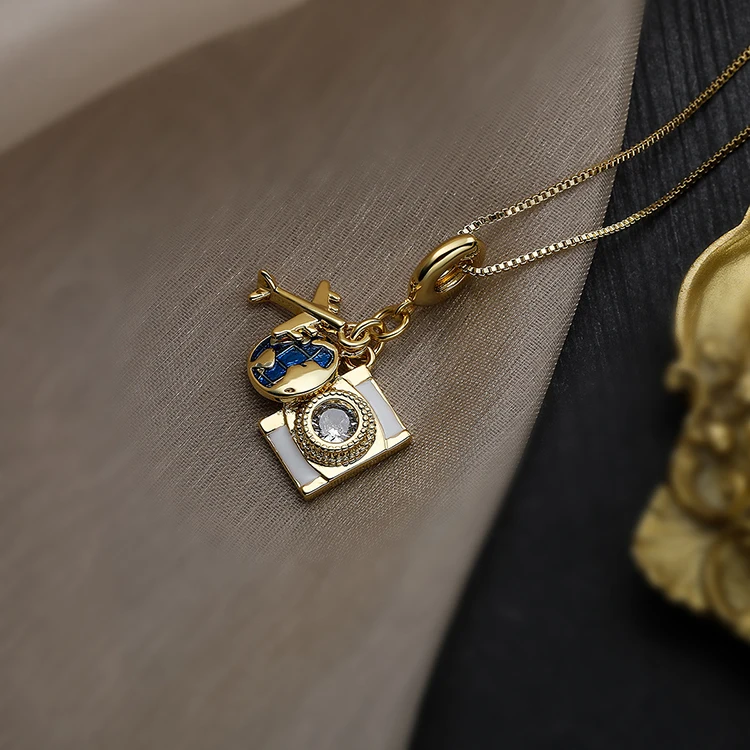 Y257 Wholesale collar 18k Gold Plated Blue Earth Airplane Camera Zircon Inlaid Heart Shaped CZ Passport Pendant Women Necklaces