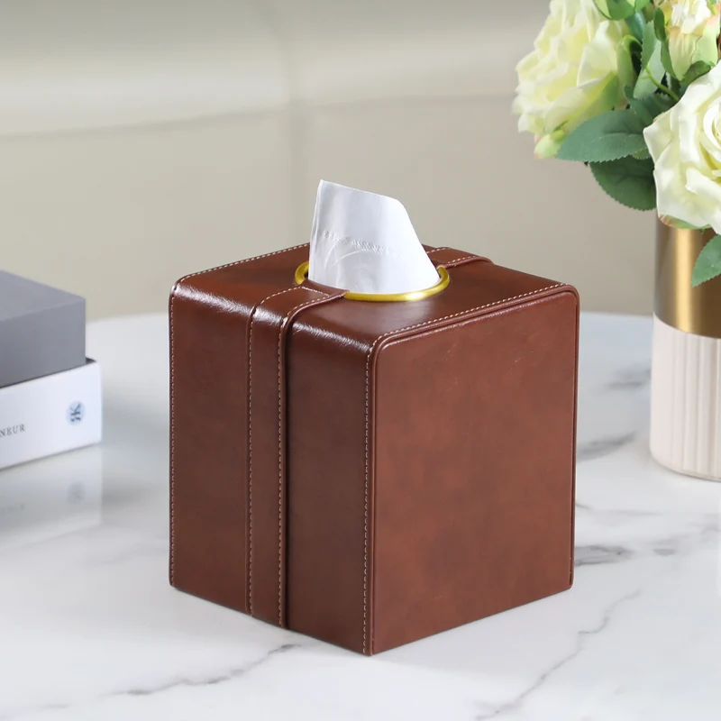 New Product Tissue Box Cover Modern Luxury Napkin Nordic Hotel Wholesale Brown Square Pu Faux Leather Tissue Box Holder