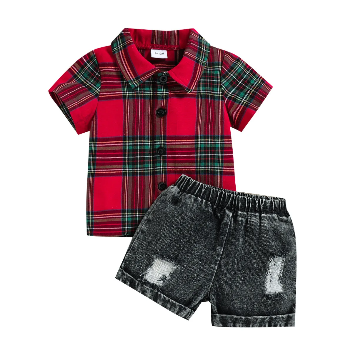 2023 Baby Boy Outfits Infant Clothing Set Red Plaid Polo Shirts and Black Denim Shorts 2pcs Children Clothing