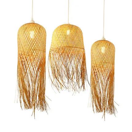 2022 New Asian Bamboo Weave LED Pendant Lighting Rattan Retro Island House Bar Handmade Natural Bamboo Chandelier