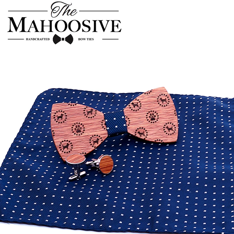 Wooden Dog Engraving Bow Tie Men High Quality Wooden Bow Ties Classic Business Butterfly Solid Wood Cufflinks Hanky Sets