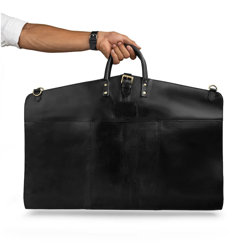 Personalized Black Leather Suit Carrier Foldable Garment Bag for Business Travel Large Garment Bags with Strap for Business