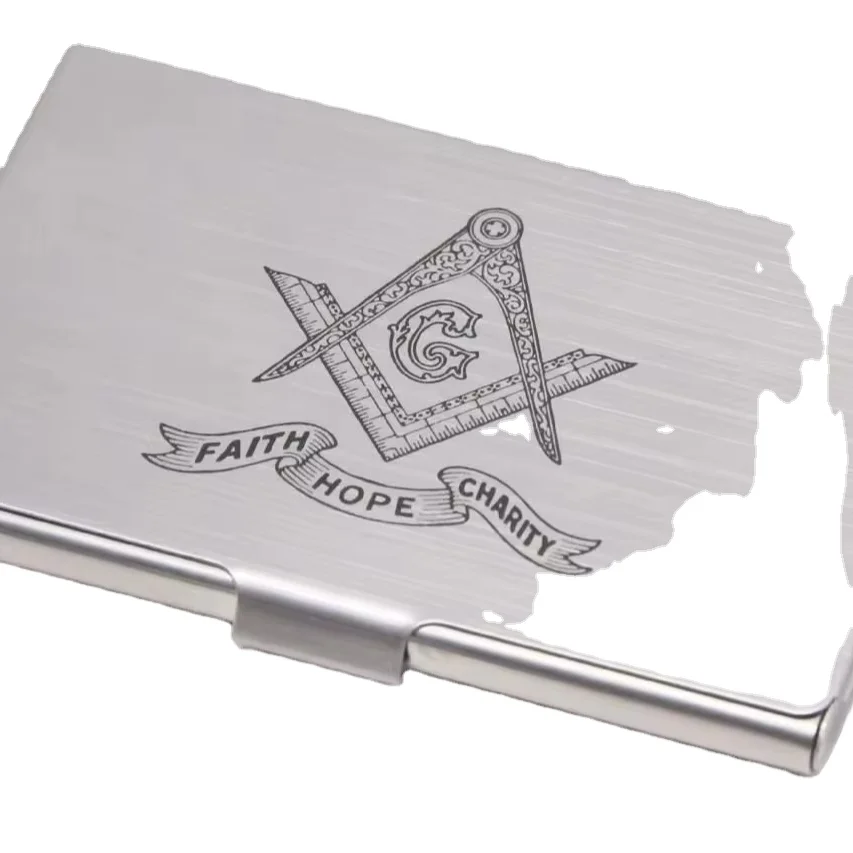 Business Card Holder with Masonic Symbol Quality Brushed Silver Promotional & Business Gift