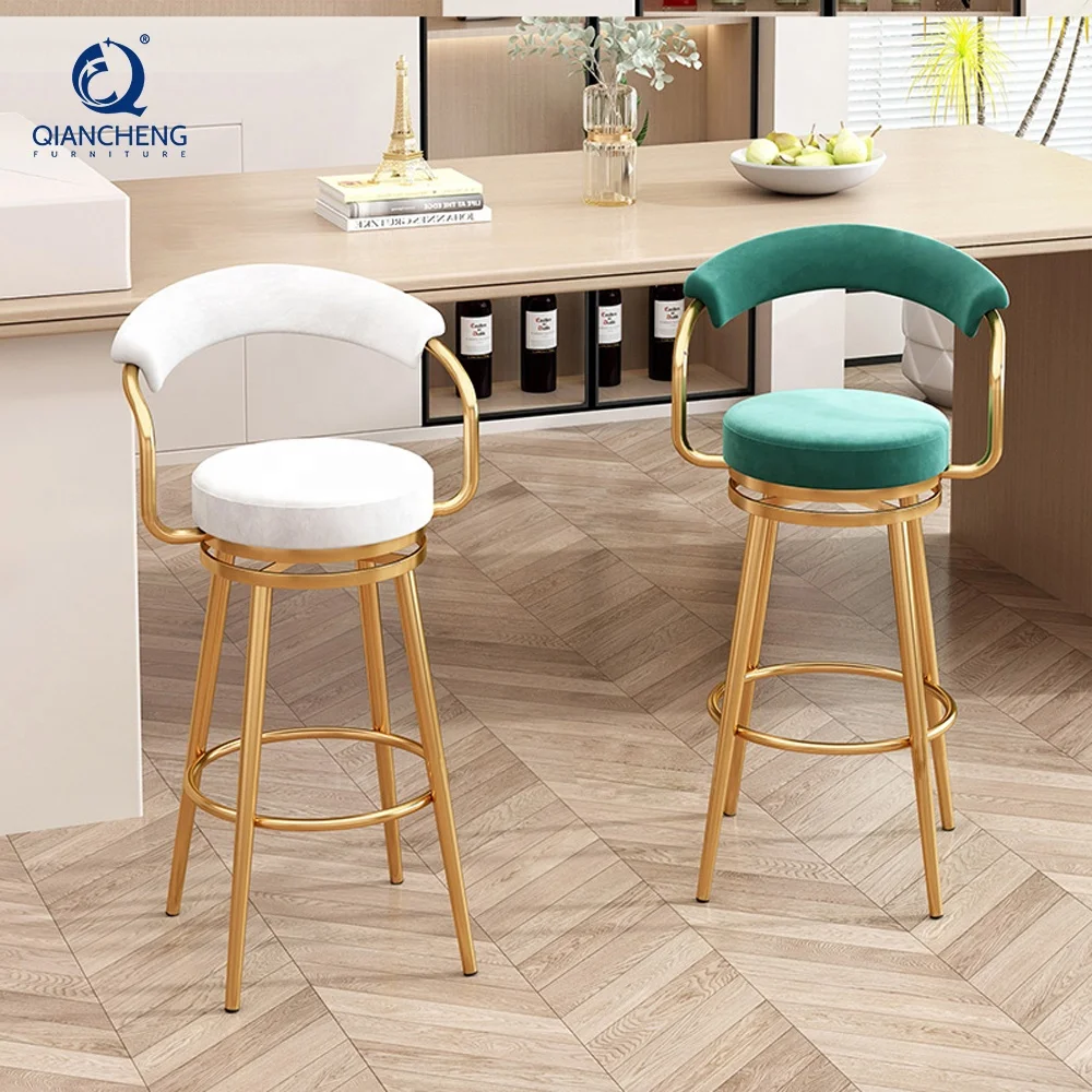 QIANCHENG luxury home furniture supplier high velvet chair kitchen island barstool high back swivel tall bar counter stool