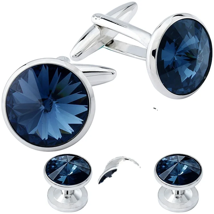 2024 new boyi Dark Blue Crystal Cufflink and Studs Set for Mens Tuxedo Shirts Gift Box Brass Round Natural Crystal Watch