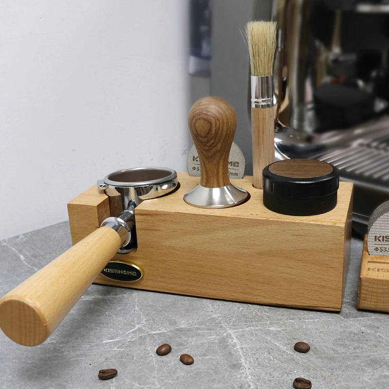 Custom Walnut Wood Espresso Accessories Three Piece Barista Tools Portafilter Distributor Coffee Tamper Filter With Stand Holder