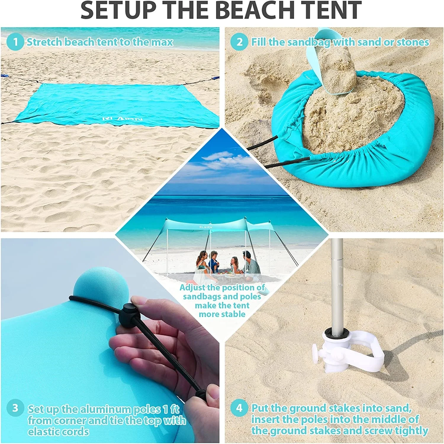 WOQI 33 Easy Set up UPF50+ Four Sandbags Spandex Fabric Summer Beach Tent Sun Shelter Canopy For Outdoor