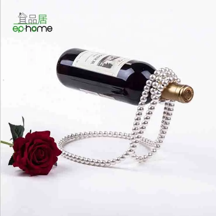
Luxury vintage floating black gold white pearl chain suspension necklace wine bottle rack/holder gift craft Bar Home Decor 