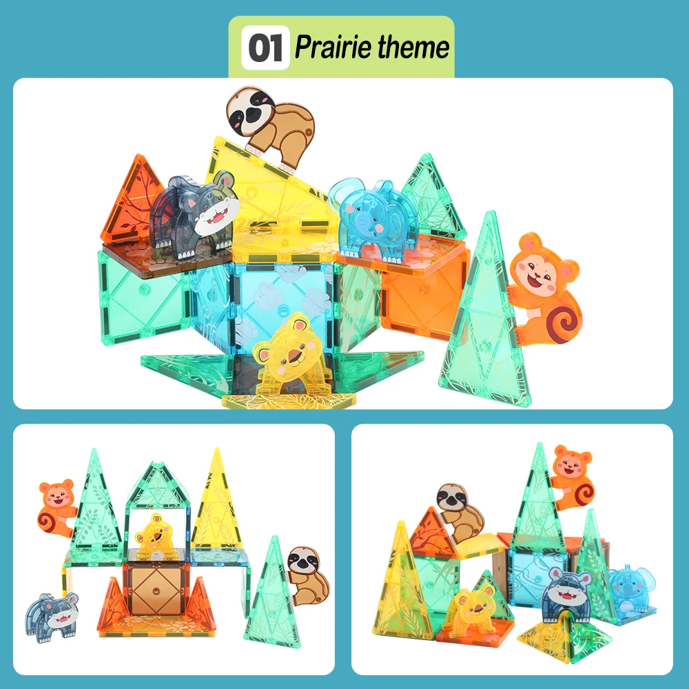 Zoo ABS Tiger Elephant Bear Jungle Forest Grassland Print Tile Magnet Set Magnetic Tile Building Blocks Educational Learn Toys