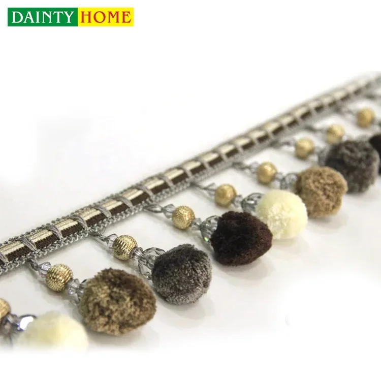 Eco-friendly Dark Coffee Color Ball Curtain Decorative Pom Pom Fringe