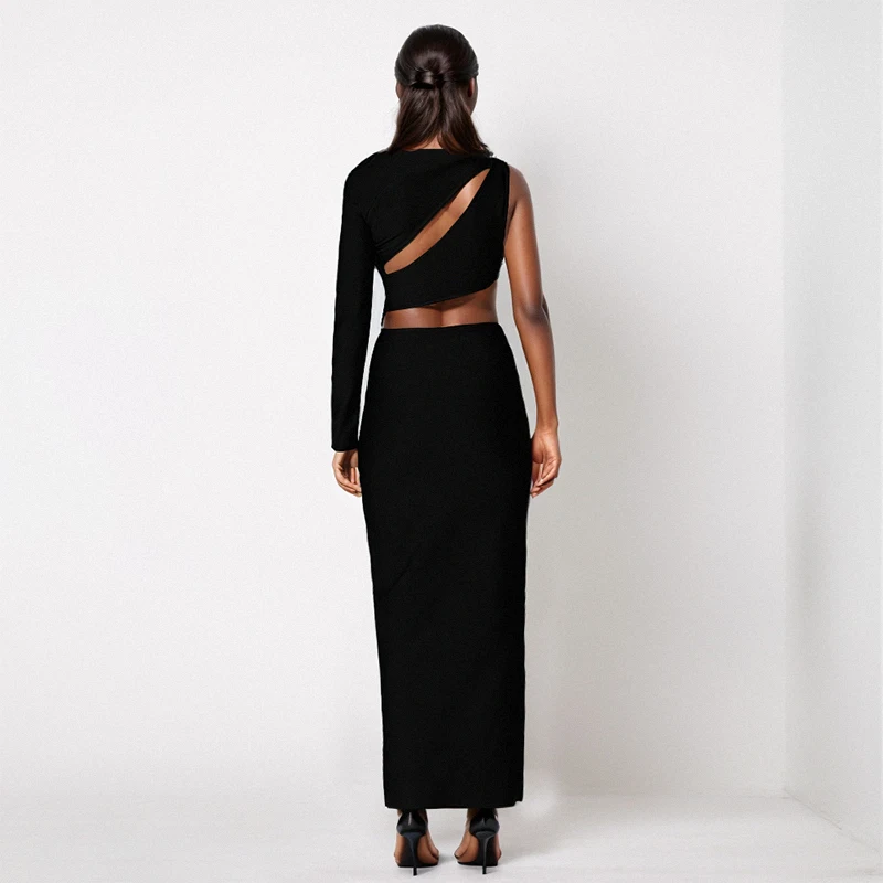 Elegant Hollowed One Shoulder Sloping Shoulders Dresses Long Sleeve Sexy Bodycon Vestidos Party Black Cocktail Dresses Female