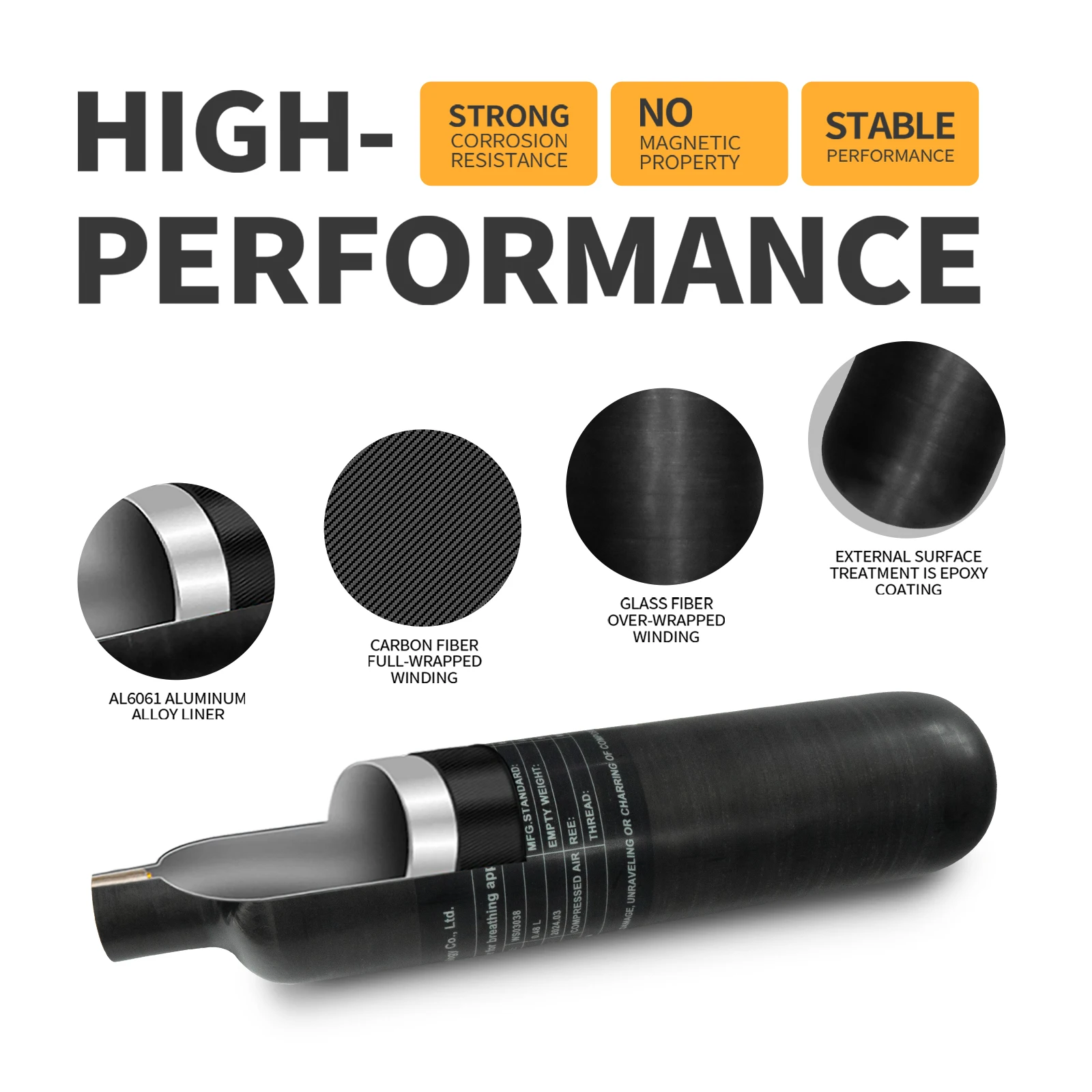 TUXING Brand Direct Portable ODM 0.48L 480CC High Pressure 300Bar 4500psi PCP Underwater Paintball Hunting Carbon Fiber Air Tank