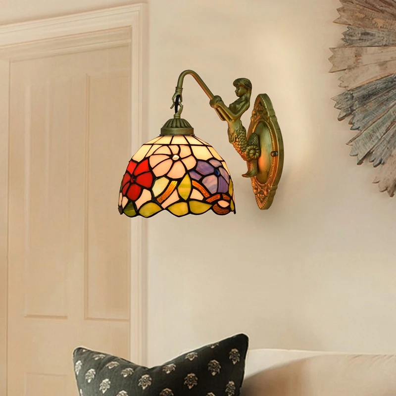 Ontwerpen Lampen Groothandel Lampara Pared Vintage Tiffany витражное стекло освещение Русалка коллекция настенный светильник тифани