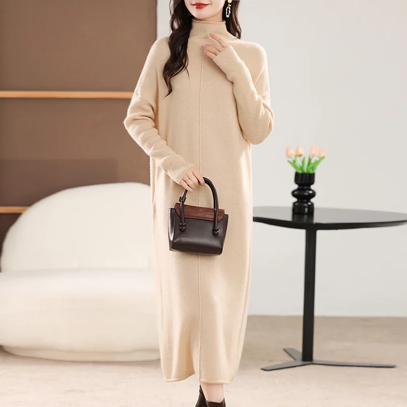 Hot-selling Loose Turtleneck Fashion Ladies Casual Pure Wool Sweater Dress Winter