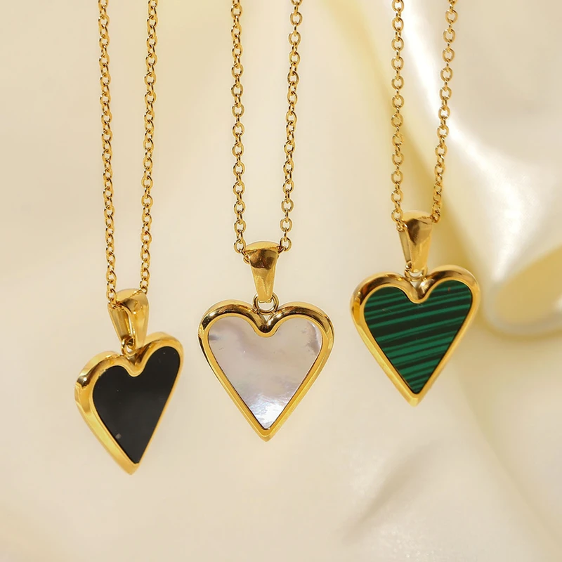 Wholesale 18K Gold Plated Stainless Steel Jewelry Imitated Malachite Natural White Shell Black Heart Necklaces