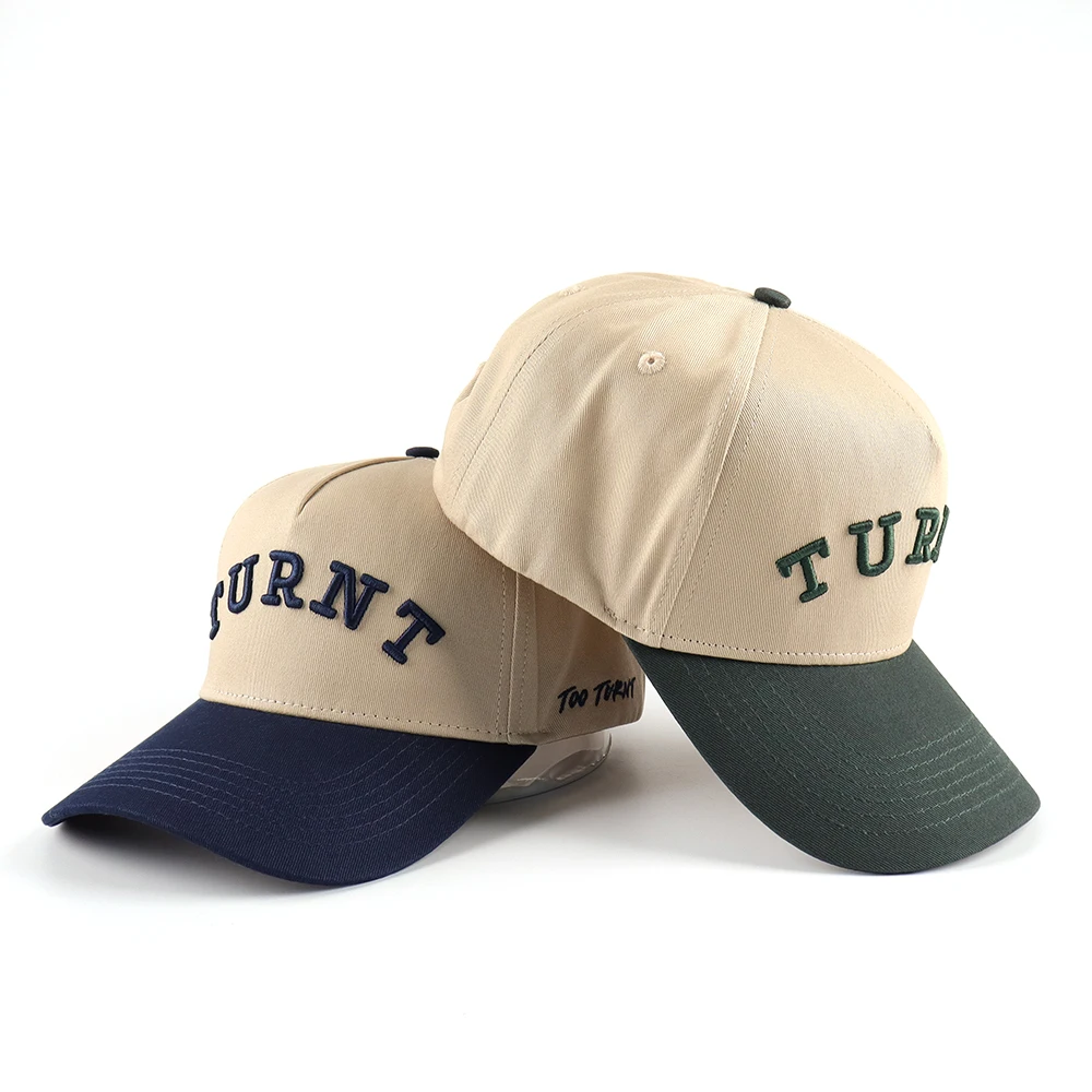 Wholesale High Quality Fashion Custom 3D embroidery 5 Panel Two Tone cap Adjustable Cotton Baseball Curved Brim Hat