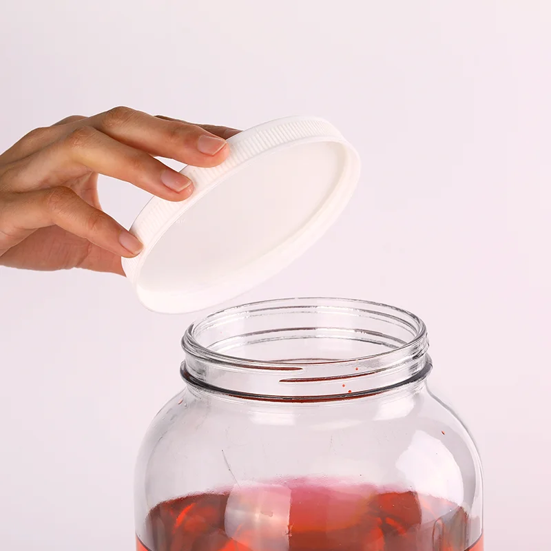 Empty 1 gallon Clear wide mouth round glass jar with black metal lid for vegetable beef chicken bone broth Protein powder