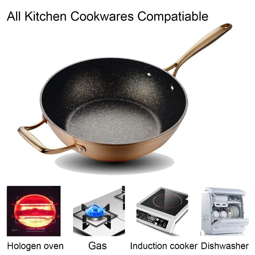 Forged Golden Marble Coating Wok With Lid, Wok Pan