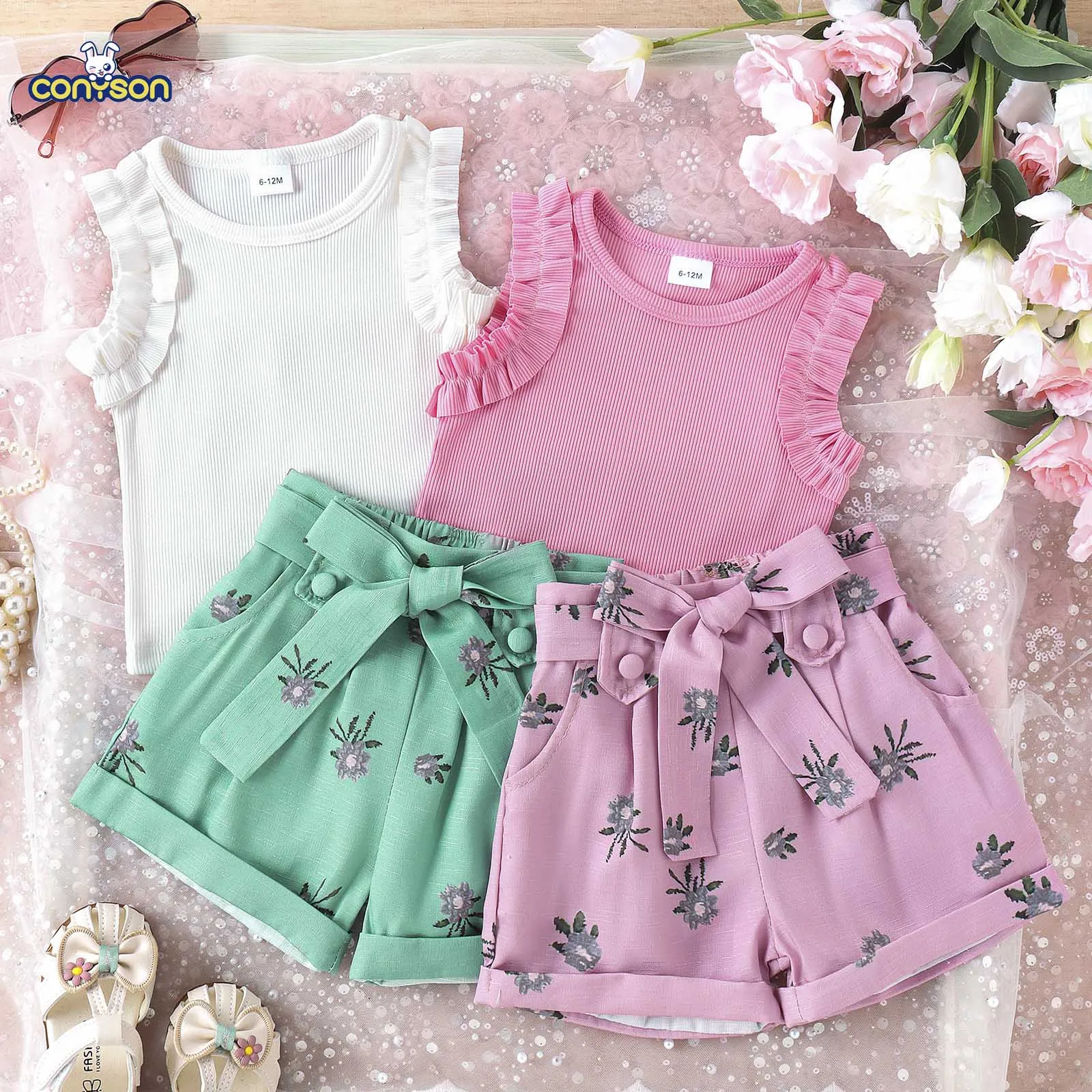 Conyson 0-4T Sets For Girls Sleeveless Solid Pit Strip Vest Floral Print Shorts Toddler Kids Clothes Summer Girls Clothing Set