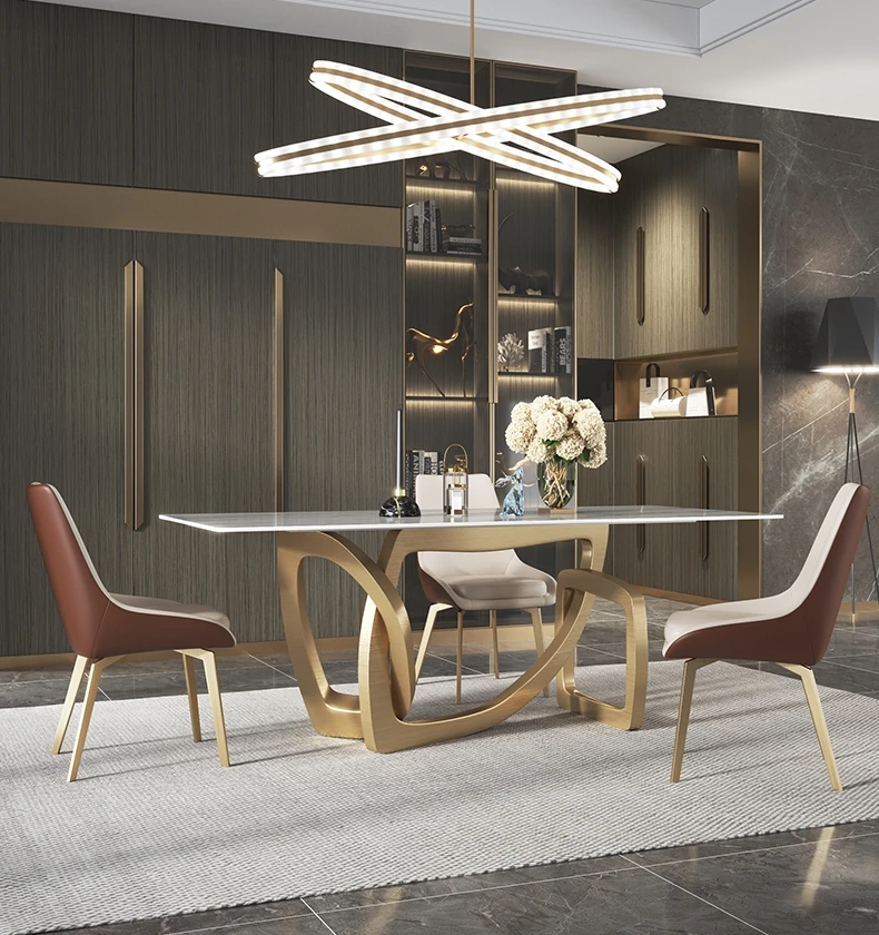 Wedding Modern Marble Gold Dining Tables Set Metal Base Rectangle Sintered Stone Dining Table New Designs Dining Room Furniture