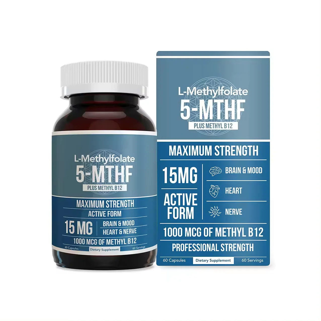 L-Methylfolate 15mg Plus B12 1000mcg Capsules Active Methyl Folate Supplements Immune Health Brain Support Folate Glycine Pills