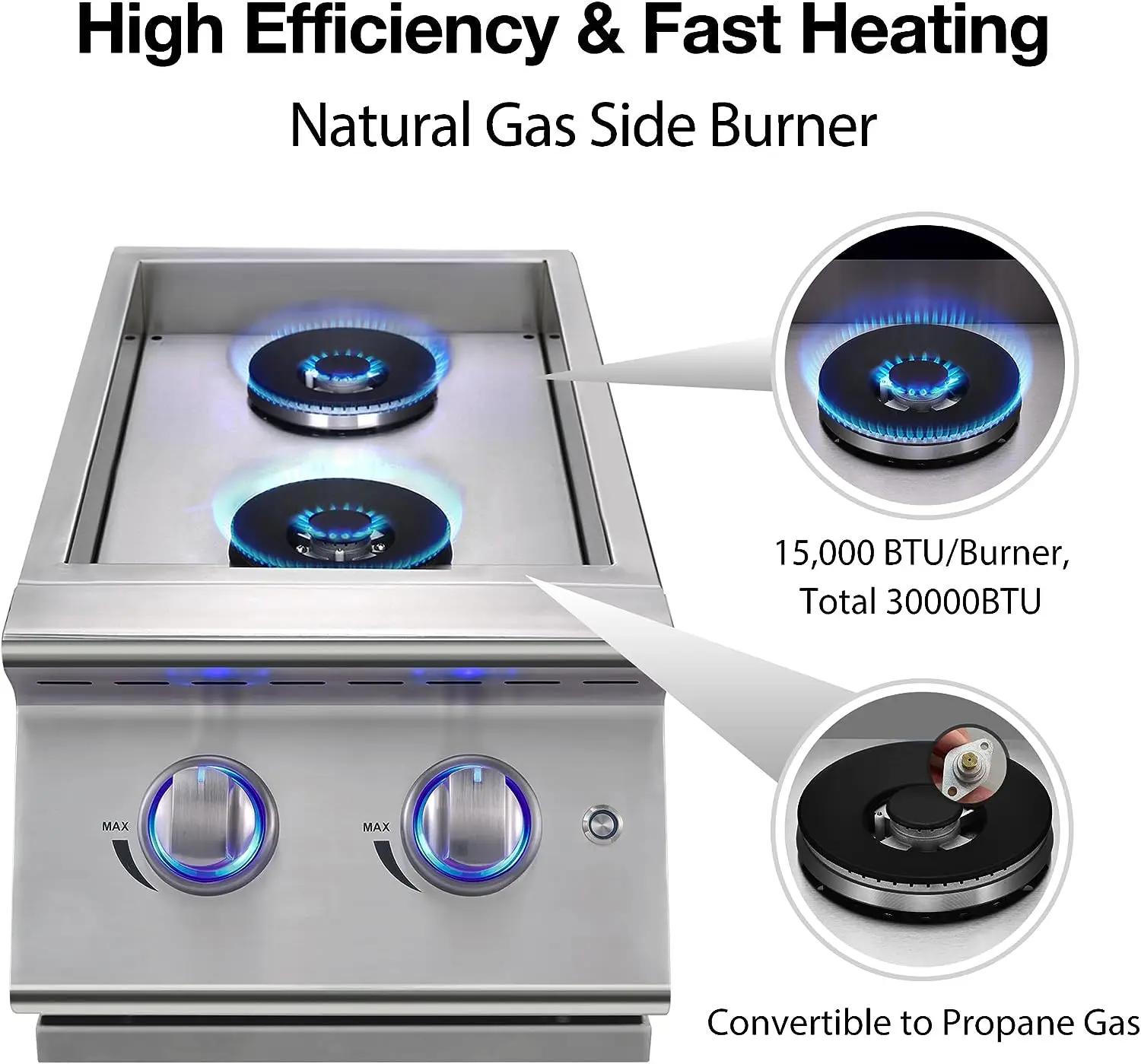 Double Grilling Side Burners for Outdoor Kitchen BBQ Grill Island Solid 304 Stainless Steel LPG/NG Convertible
