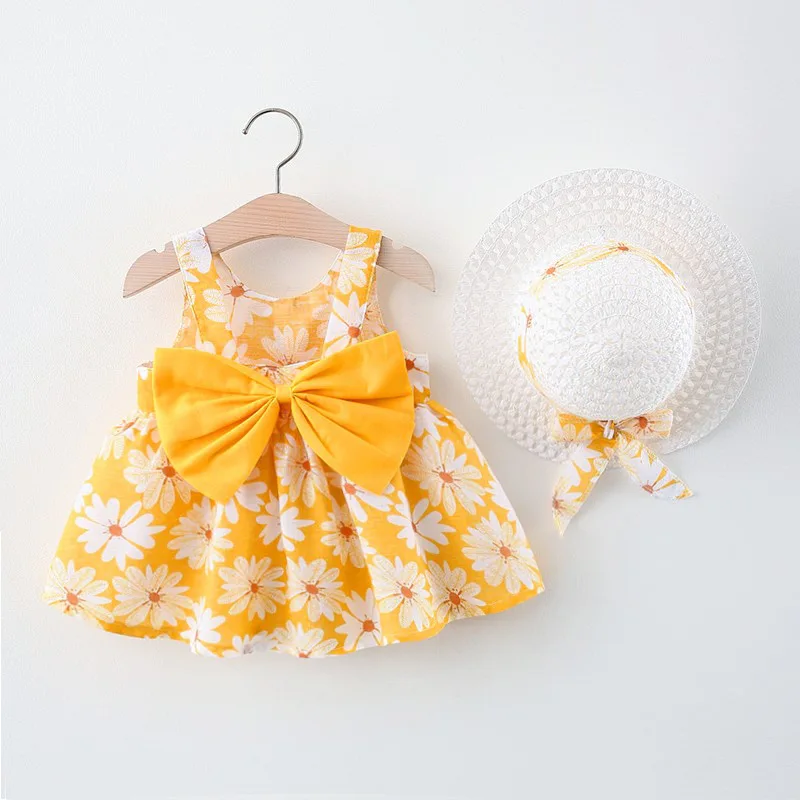 Summer new style small chrysanthemum big bow straw hat skirt