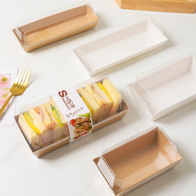 Cake bread snack bakery food packing rectangular square kraft paper box sandwich wrap box with plastic clear lids