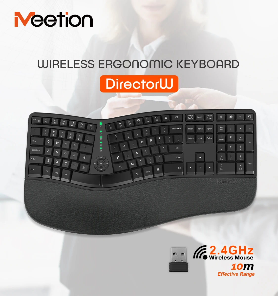 Meetion MT-DirectorW Type C Office Pc Low Profile Full Size 2.4G Wireless Wrist Rest Ergonomic Keyboard