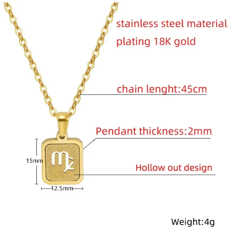 Factory Price Stainless Steel Hollow Frosted Gold Glitter Star Sign Necklace 12 Constellations Square Pendant Horoscope Necklace