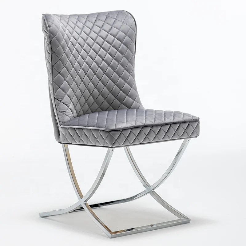 
Velvet fabric dark grey cross stainless dining chair 