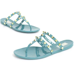 Luxury Ladies Rivet Two Belt Flat Flip Flop Sandal Hot Brand Name Outdoor Casual Jelly Shoes women Plastic Shoes Slipper