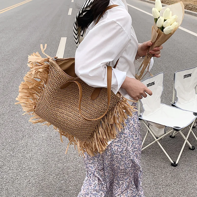fashion new french womens summer beach handmade travel straw raffia tassel tote bag pouch bag with straw