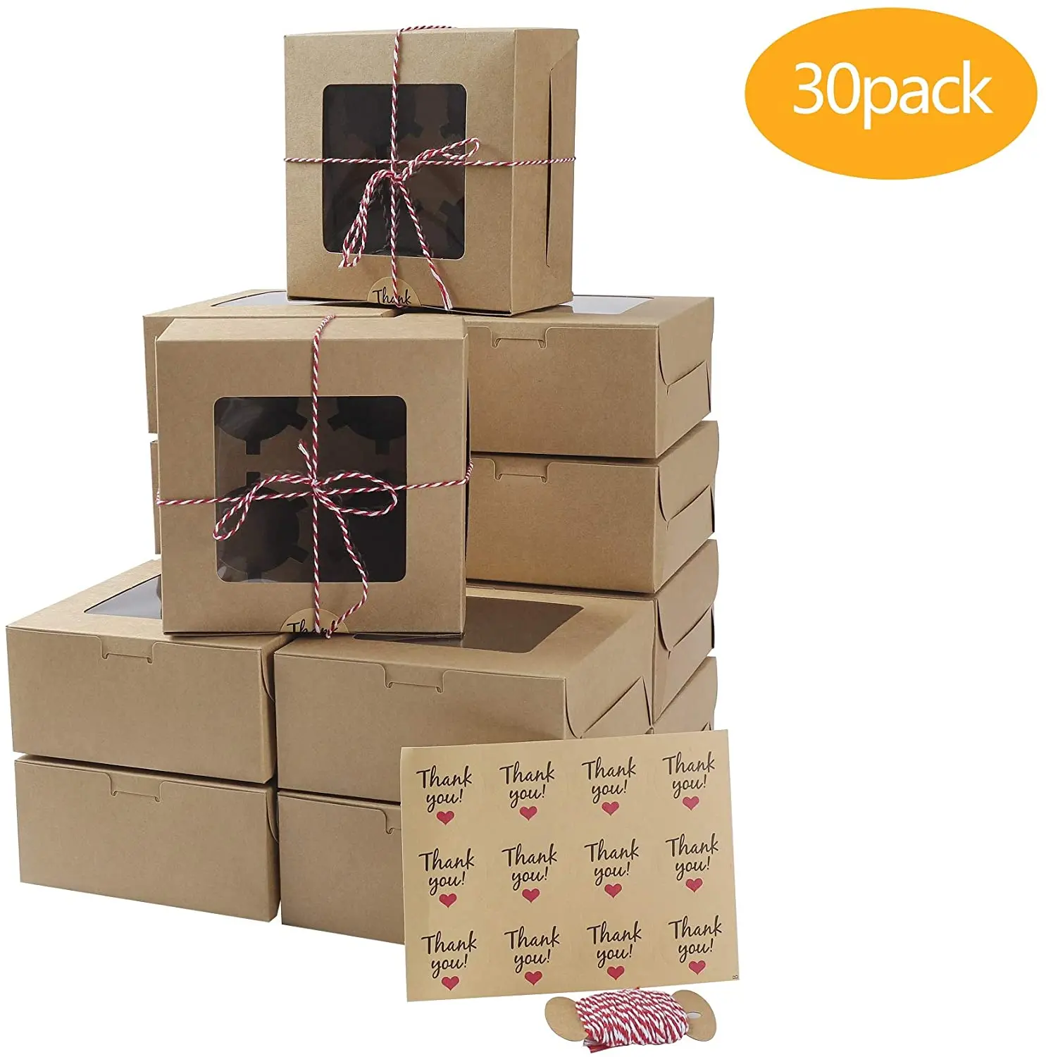 
30 Packs Window Inserts 4 Holders Twine Stickers 6x6x3 Inch Food Grade Kraft Cookie Bakery Cupcake Boxes 