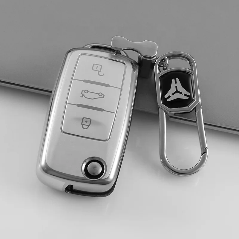 Silver Quicksand TPU Custom Car Key Cover fit for VW Golf PoloTiguan Passat Caddy Auto Folding Key Case Fob Remote bag