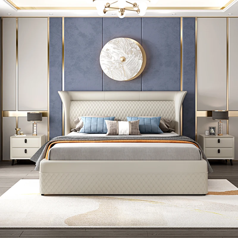 Italy Style Upholstery Stylish Designer Classic Leather Cheap King Size Set Furniture Luxury Bedroom Metal Bed Frame King Size