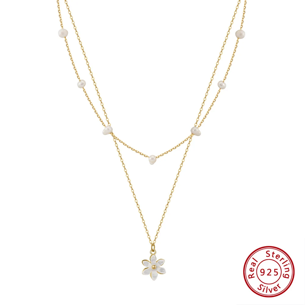 fashion 925 sterling silver double layer natural freshwater pearl gold plated necklace flower necklace jewelry for women