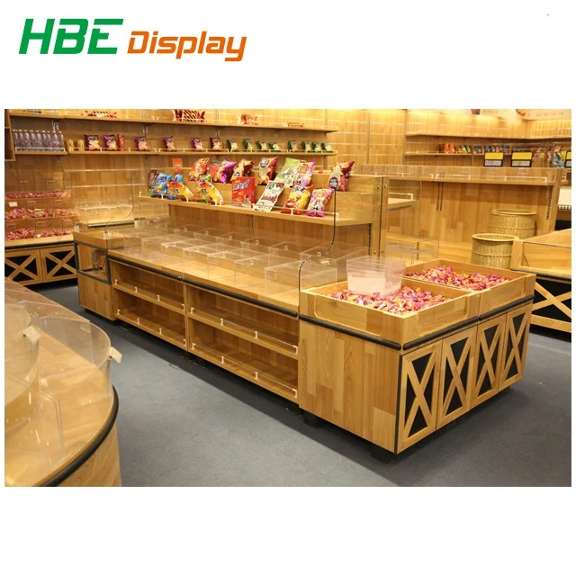 Wooden board supermarket bulk foods snack food display cabinet storage case shelf