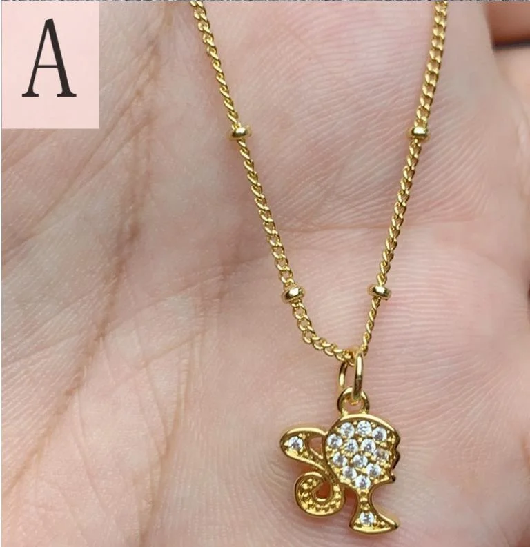 New Diamond with Zirconia Pendant Beauty Head Necklace Fashion Design Cartoon Barbiees Necklace for Women