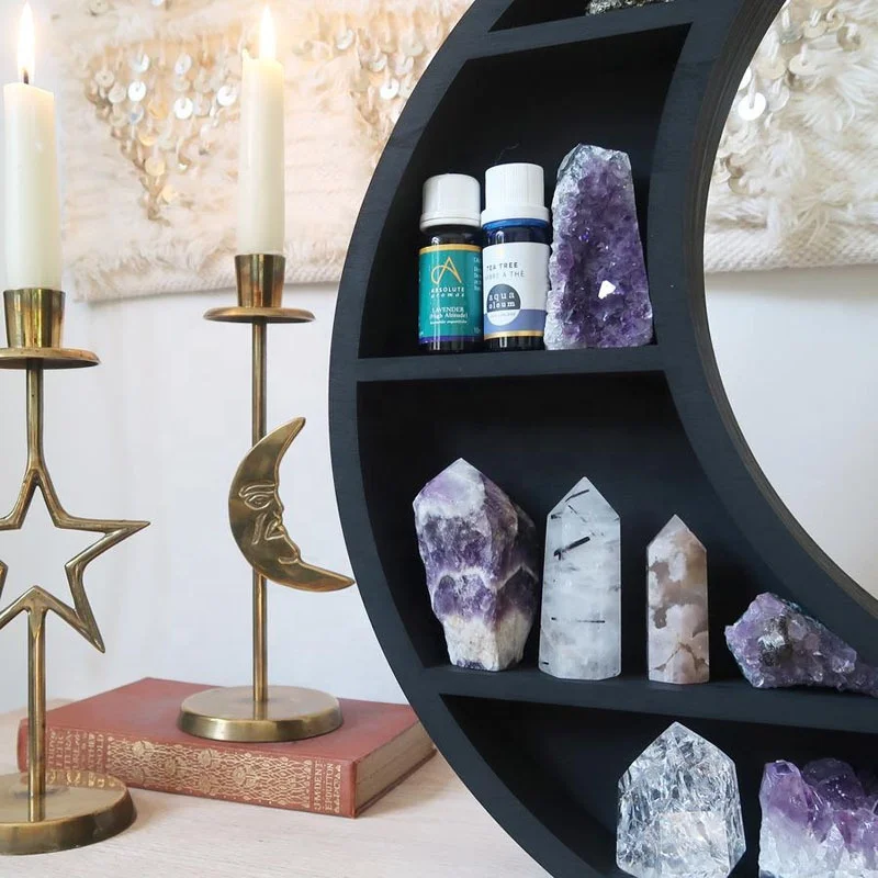 Wooden Moon Shape Wall Decor Bathroom crystal Organizer shelf for crystal displaying