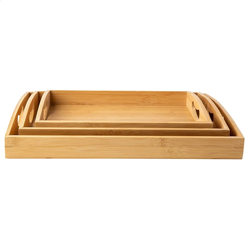 Handmade 3 pcs Bamboo Breakfast Bed Tray / Bamboo  Serving Tray/ Bamboo Food Tray with  Cut Out Handle Set of 3