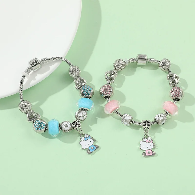 Wholesale 925 Silver Plated Snake Chain Fashion accessories Crystal Rhinestone Beads Charms Hello kitty Bracelets For Women