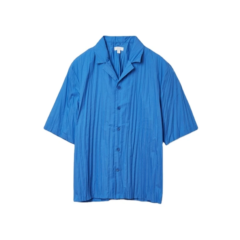 Новинка осени 2020, плиссированная рубашка с коротким рукавом и воротником-кубинкой, синие повседневные мужские рубашки