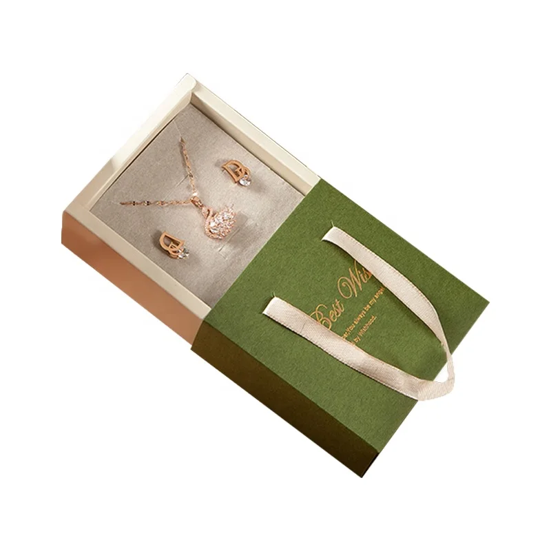 Custom Luxury Small Jewelry Gift Packaging Drawer Paper Box Paper Bag Set Green Sliding Jewelry Paper Box with Ribbon Puller