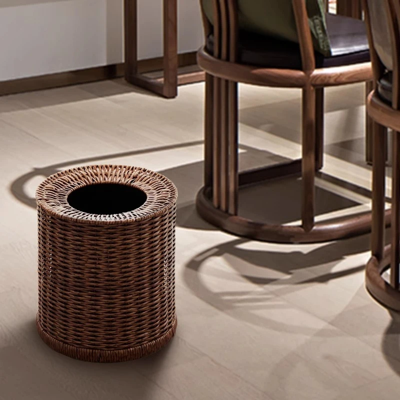 Brown 12L high-end tea room tea art trash can household  rattan weaving bedroom  living room  homestay office